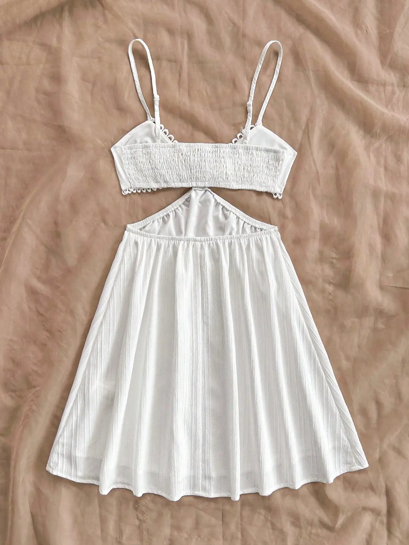 White V-Neck Strappy Hollow Waist Summer Dress for Women, Beach Vacation Style