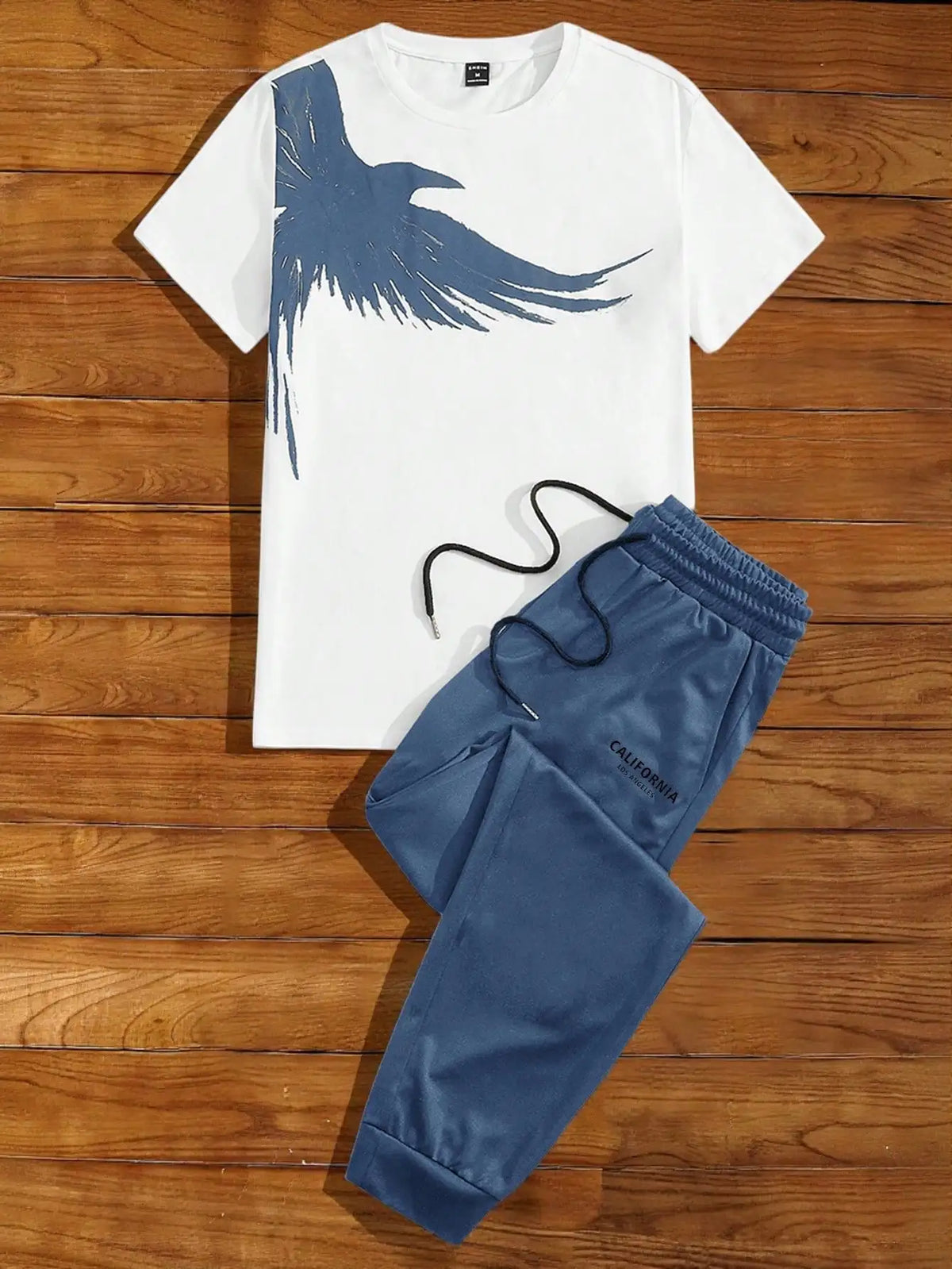 Men's 2-Piece Casual Set: White Short Sleeve Tee with Bird Graphic + Olive Drawstring Joggers