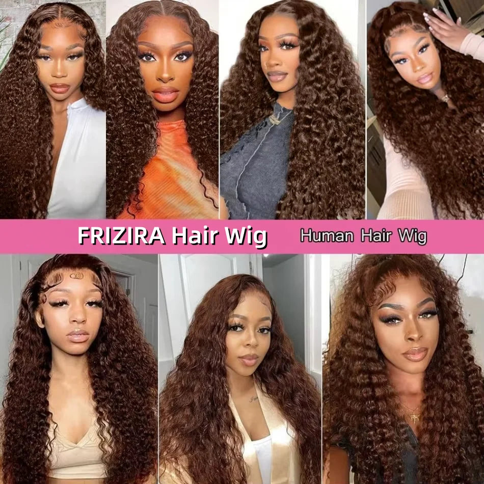 250%Density 28 Inch Chocolate Brown Curly Wigs 13x6 HD Lace Front Wigs Human Hair  Brown Deep Wave Lace Frontal Human Hair Wigs