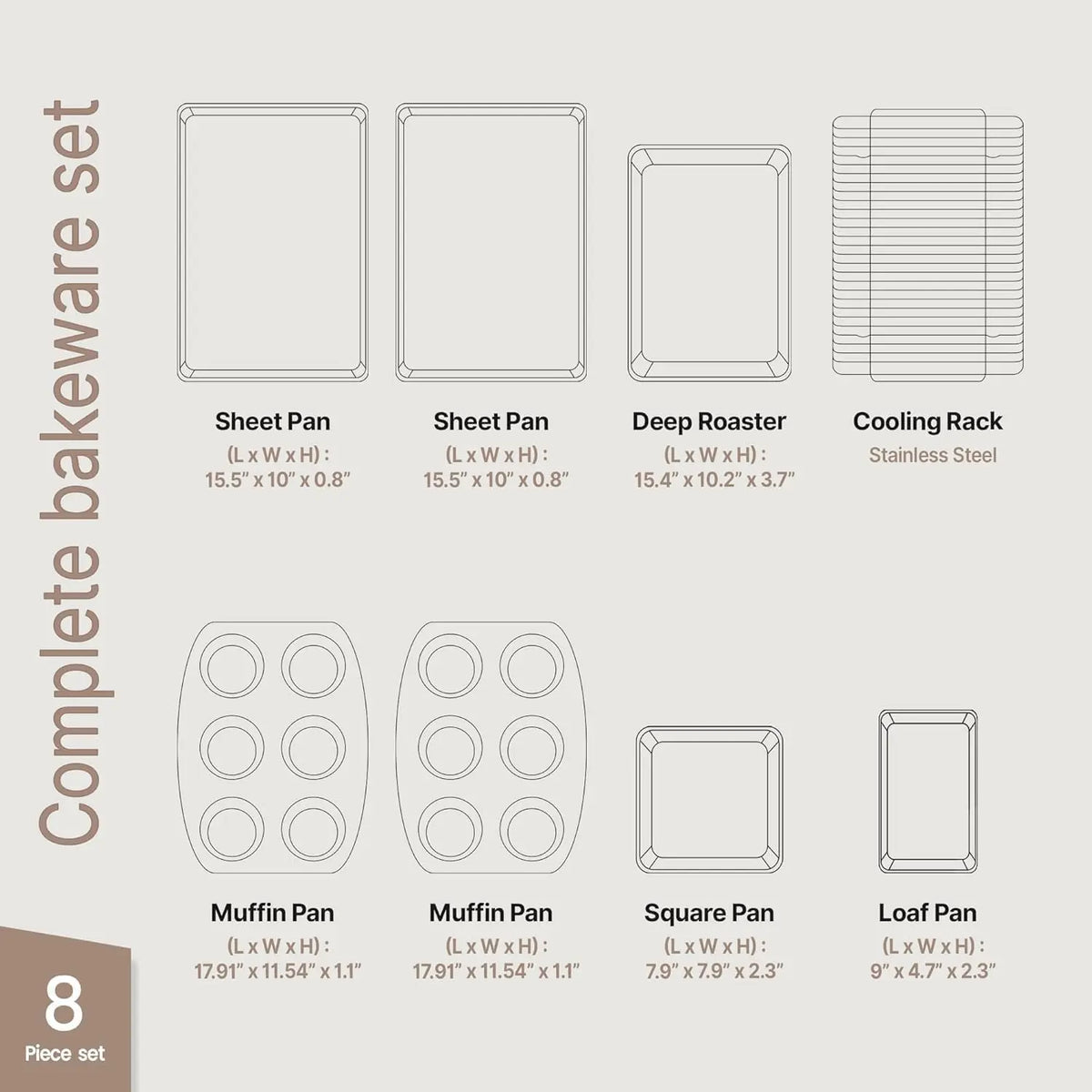 8-Piece  Set - Ceramic Non-Stick Coating, Baking Sheets, Assorted Baking Pans,