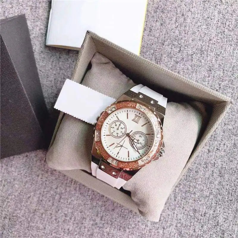 Luxury Quartz Watch Set Stainless Steel Case Silicone Strap Chronograph Diamond Dial Waterproof Couple Wristwatch Women