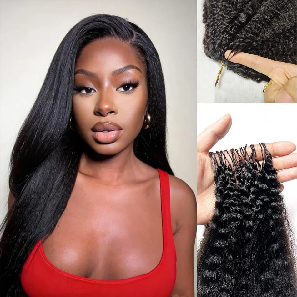 Kinky Straight Feather Crochet Human Hair Extension Wave Pre Separated Knotless Invisble Micro Loop Hair Extensions 60g/pack