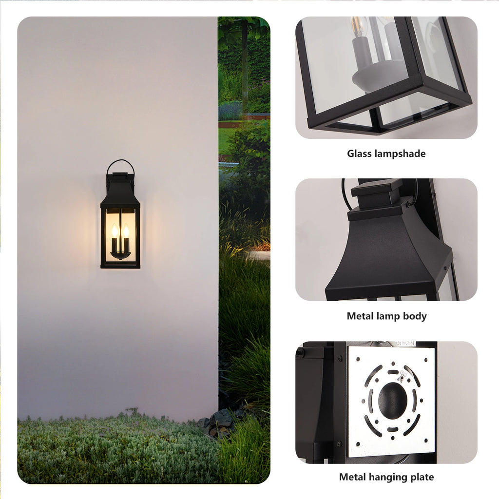 20" 2-Light Outdoor Wall Lantern Black Metal Clear Glass E12 Base Weatherproof for Porch Garage Exterior Hardwired 120V No Bulbs
