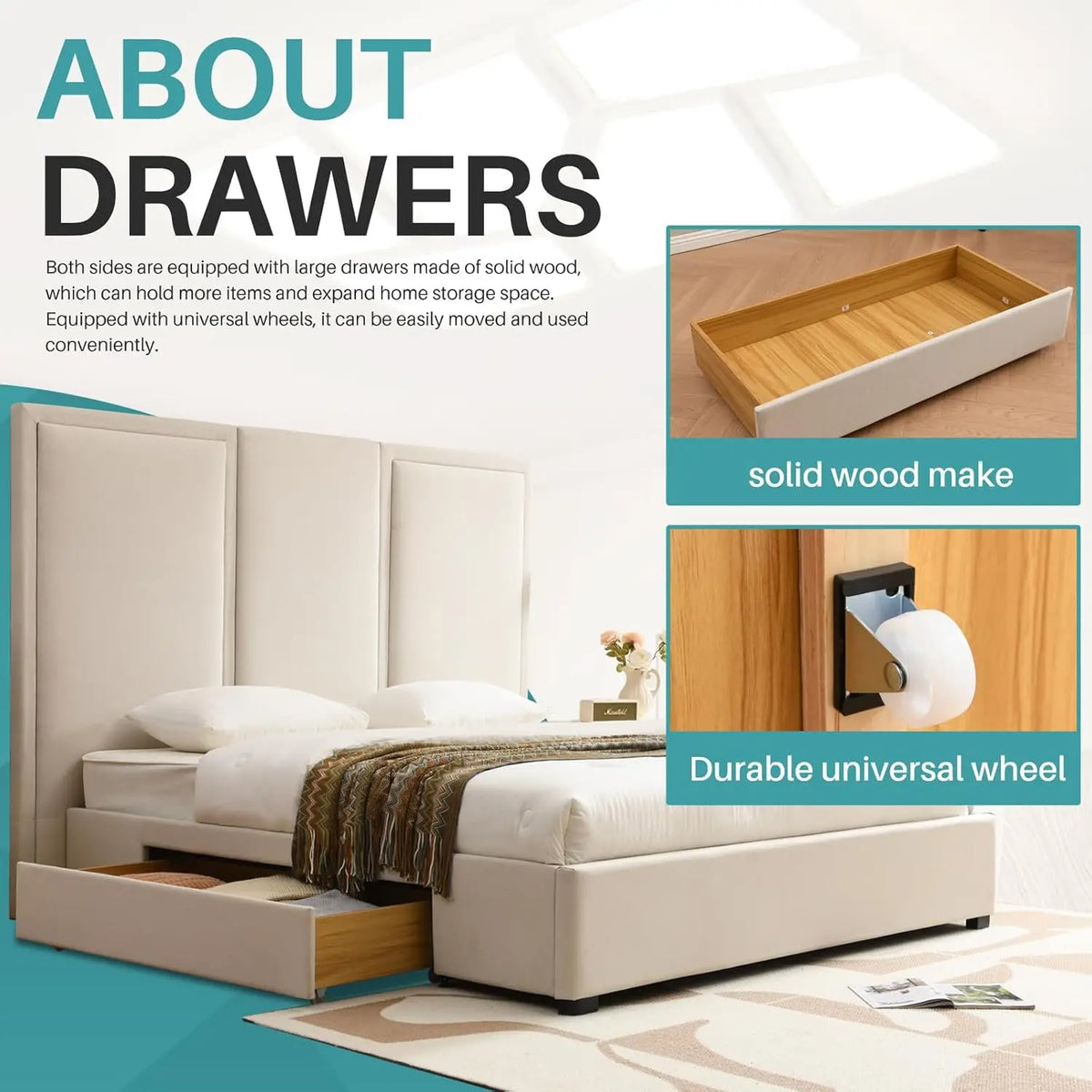 King Size Upholstered Platform Bed Frame with 64-inch High Headboard Storage Drawers Wood Slat Support No Noise Customized