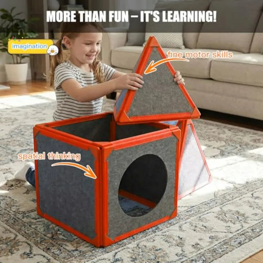 16-Piece Magnetic Fort Building Panels for - Bright Orange Creative STEM Building Blocks Kit for Indoor Playhouse Tunnels Struc