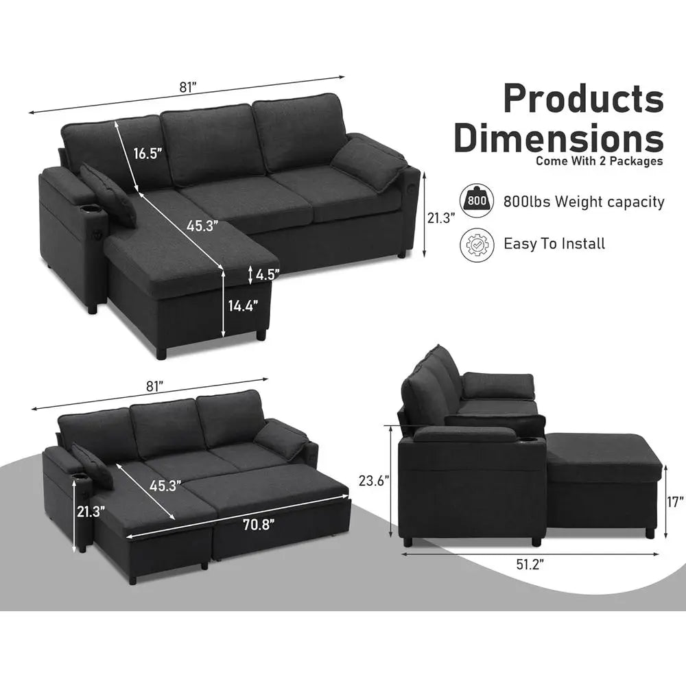 2-in-1 Sectional Sleeper Sofa with Storage, USB, Cup Holder, Pull-Out Couch in Gray