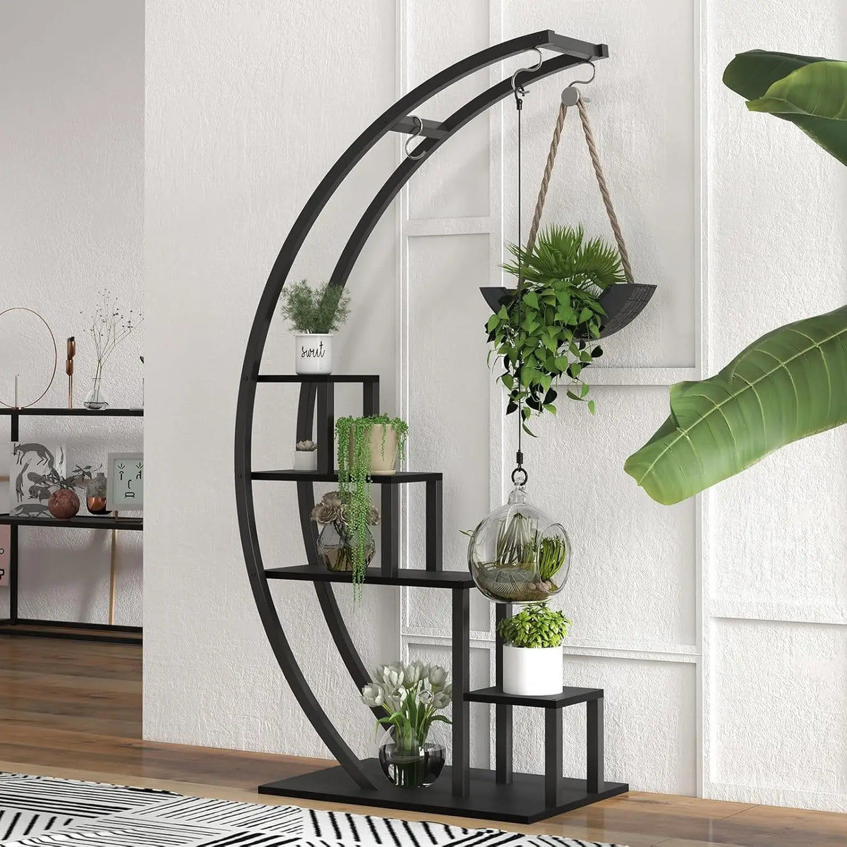 5-Tier Tall Metal Half Moon Plant Shelf, Space-Saving Indoor Flower Rack for Multiple Plants Display
