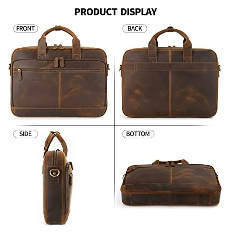 JackChris Full Grain Leather Briefcase for Men Business Messenger Bag Laptop Bag Attache Case Fits 15.6 Inch Laptop Brown Premi