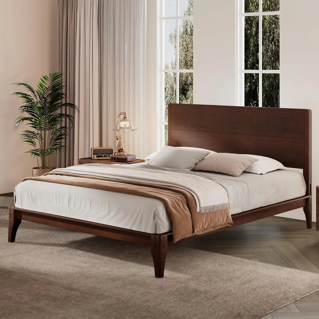 Mid Century Queen Size Bed Frame with Headboard, Bamboo Wood Queen Platform Bed with Slat, Heavy Duty Steel Center, Customized