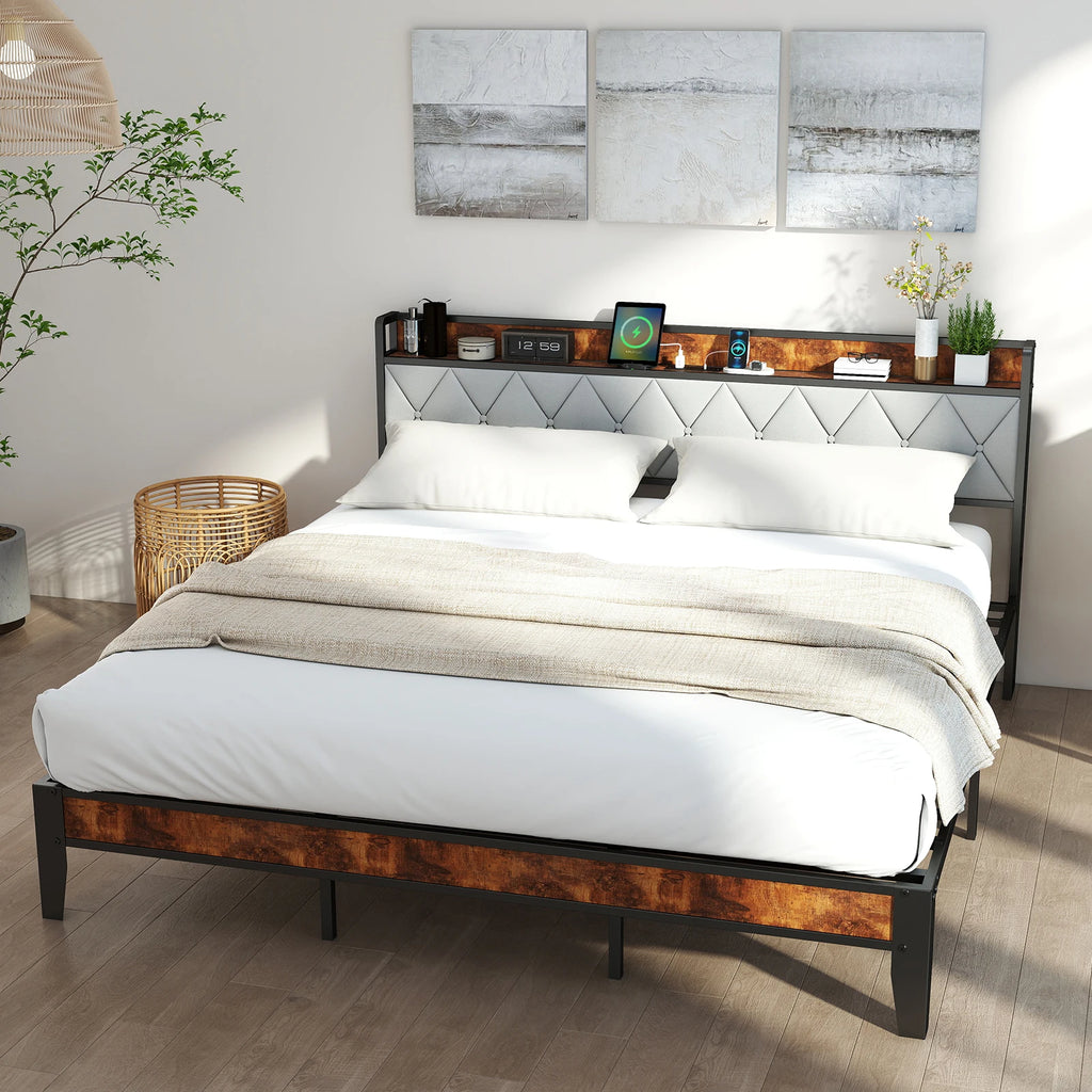 King Bed Frame with Headboard, Storage Headboard with USB Charging Station, Durable Squeak-Free Frame
