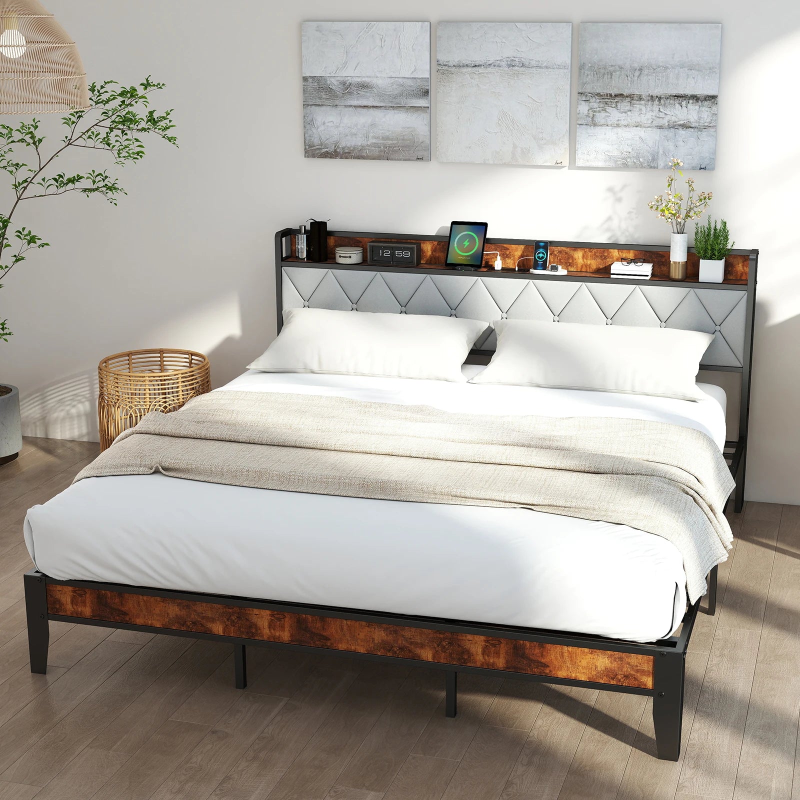 King Bed Frame with Headboard, Storage Headboard with USB Charging Station, Durable Squeak-Free Frame