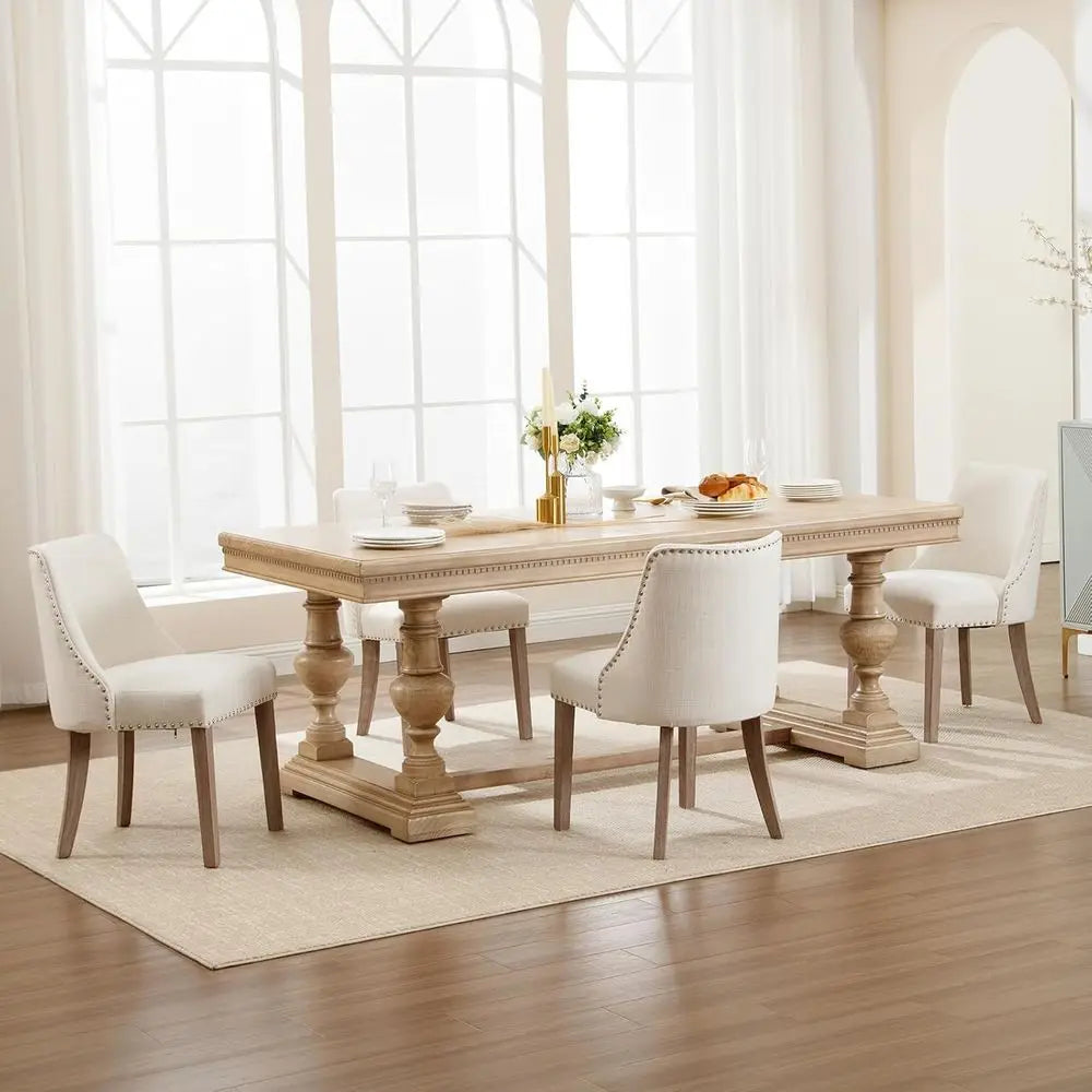 Upholstered Side Chairs Set of 2 with Nailhead Trim and Wooden Legs for Dining or Living Room, Cream