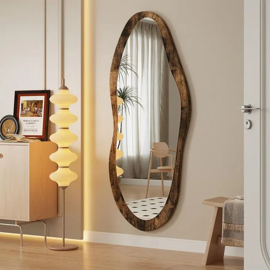 Large Mirrors with Wood Framed 47x20 Vintage Irregular Wall Mirror Full Length Asymmetrical for Bathroom Bedroom Living Room Ent