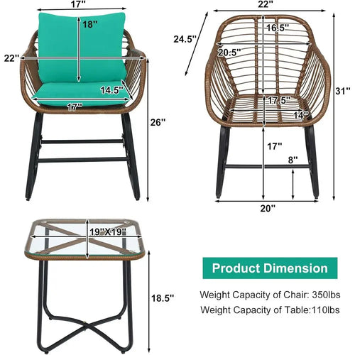 3-Piece Outdoor Cushioned Rattan Bistro Set with Glass Top Table in Turquoise