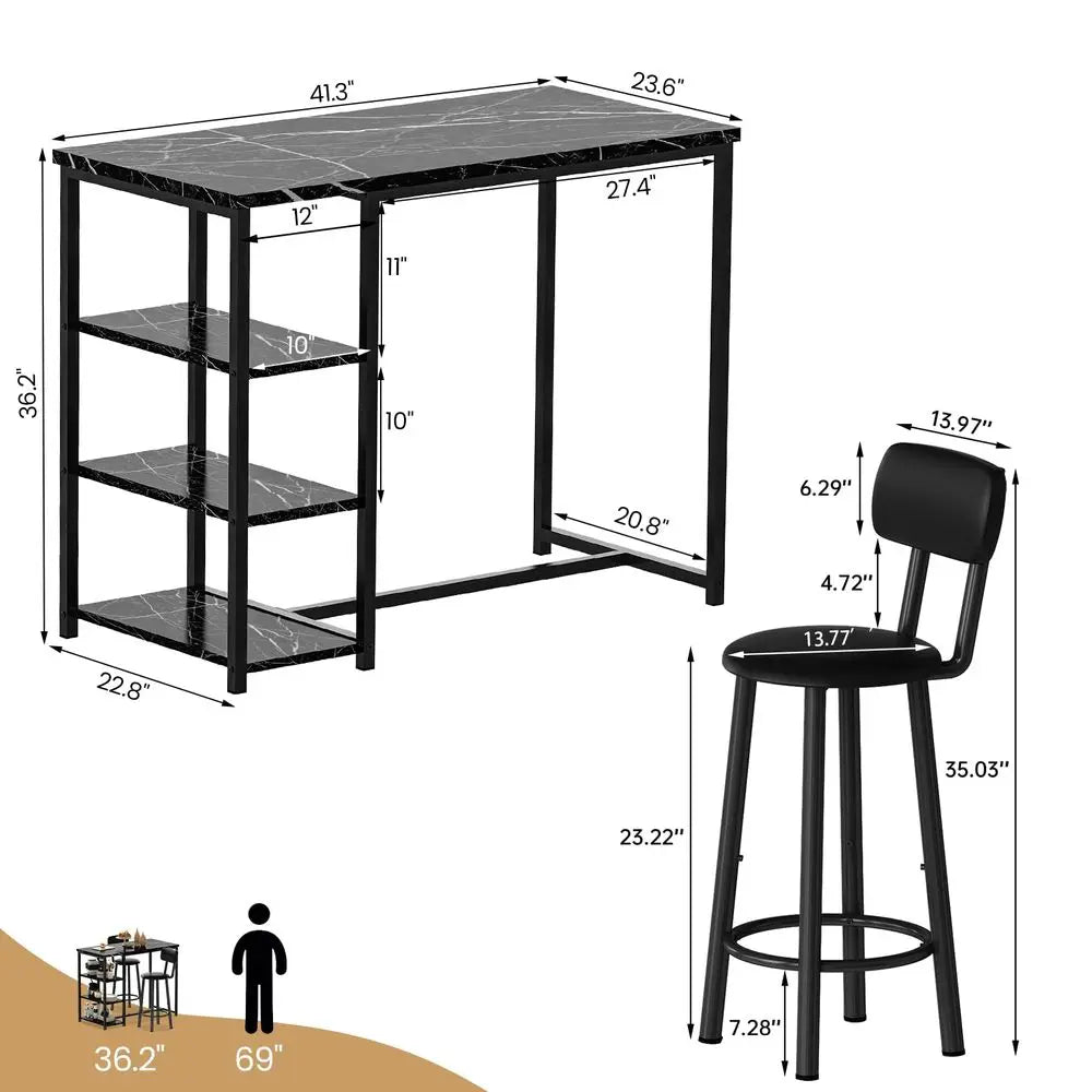 Dining Table Set for 2, Bar Table and Chairs Set with 3 Storage Shelves, Tall Dining with 2 PU Leather Backrest Stools for Small