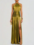 Metallic Olive Green Pleated Halter Maxi Dress with High Slit, Elegant Evening Gown
