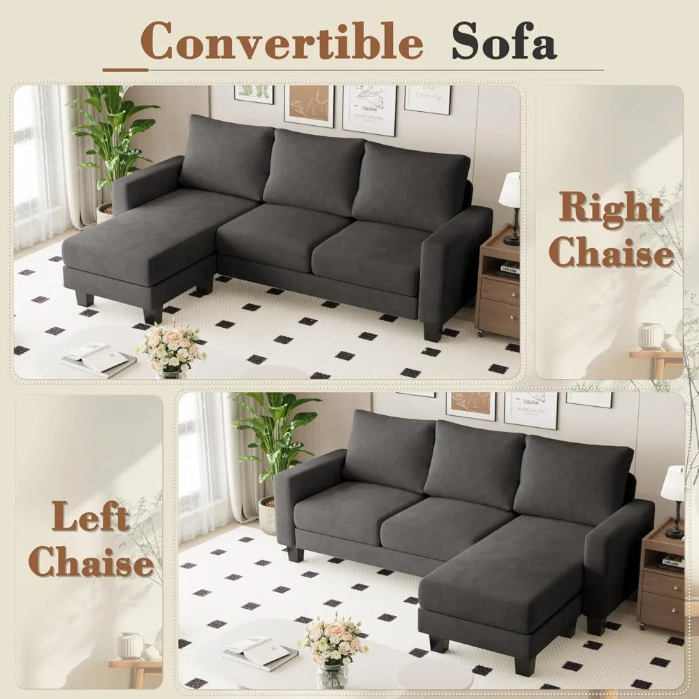 Homall Living Room Sofa, Sofa with Convertible Chaise Lounge, Three-seat L-shaped Sofa, Comfortable Fabric Sofa