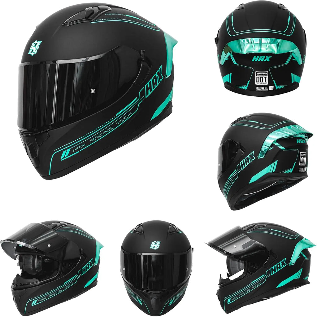 Obsidian Full Face Dual Visor Adult Motorcycle Helmet for Motorbike Street Bike with Pinlock Ready DOT Approved Matte Black Aqua