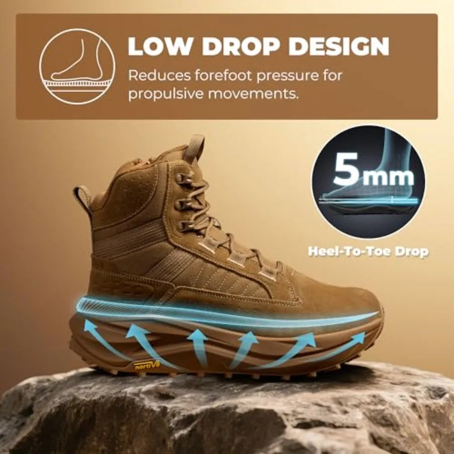 NORTIV Men's Wide Toe Box Work Military Tactical Boots Barefoot Hiking Low Drop Leather Side Zipper Motorcycle Combat Boots Pik