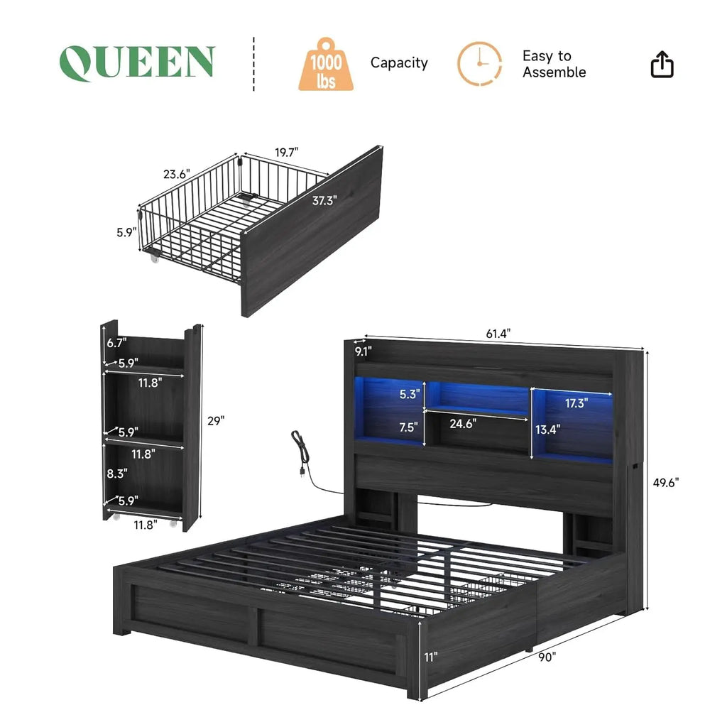 Queen Storage Bed Frame with LED Headboard Bookcase Charging Station 2 Slide Shelves No Box Spring Black, Customized