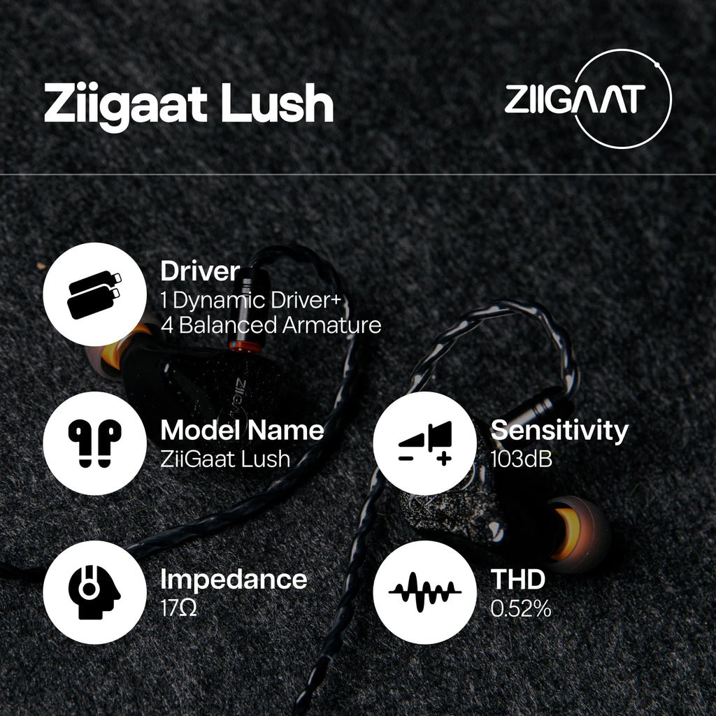 ZiiGaat Lush Studio 1DD+4BA Hybrid IEM Hifi Earphone Wired Earbuds with Neutral Tonal Balance and Hand Assembled Quality