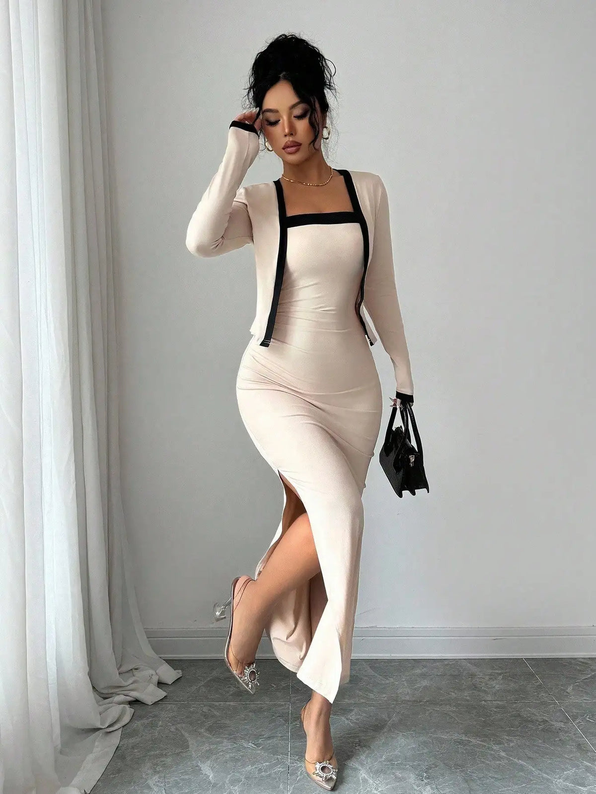 2-Piece Elegant Color Block Long Sleeve Cardigan & Slip Dress Set for Party, Holiday, Casual Wear