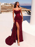 Deep Red Sequined Strapless Gown With Corset Waist, High Leg Slit, Pleats, Lace-Up Back, Floor-Length For Evening Events