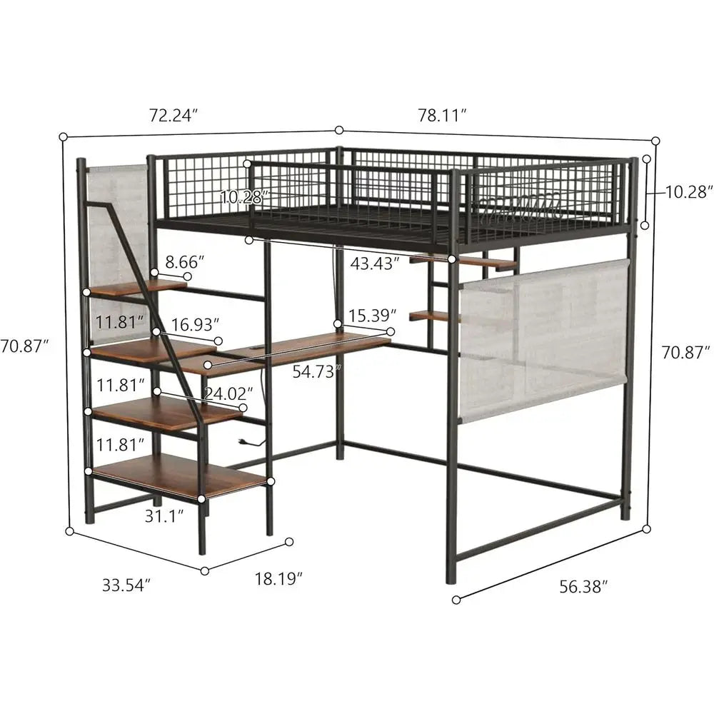 Full Size Metal Loft Bed with Stairs, Desk, and Charging Station for Small Rooms, Dorms, and Apartments, Black