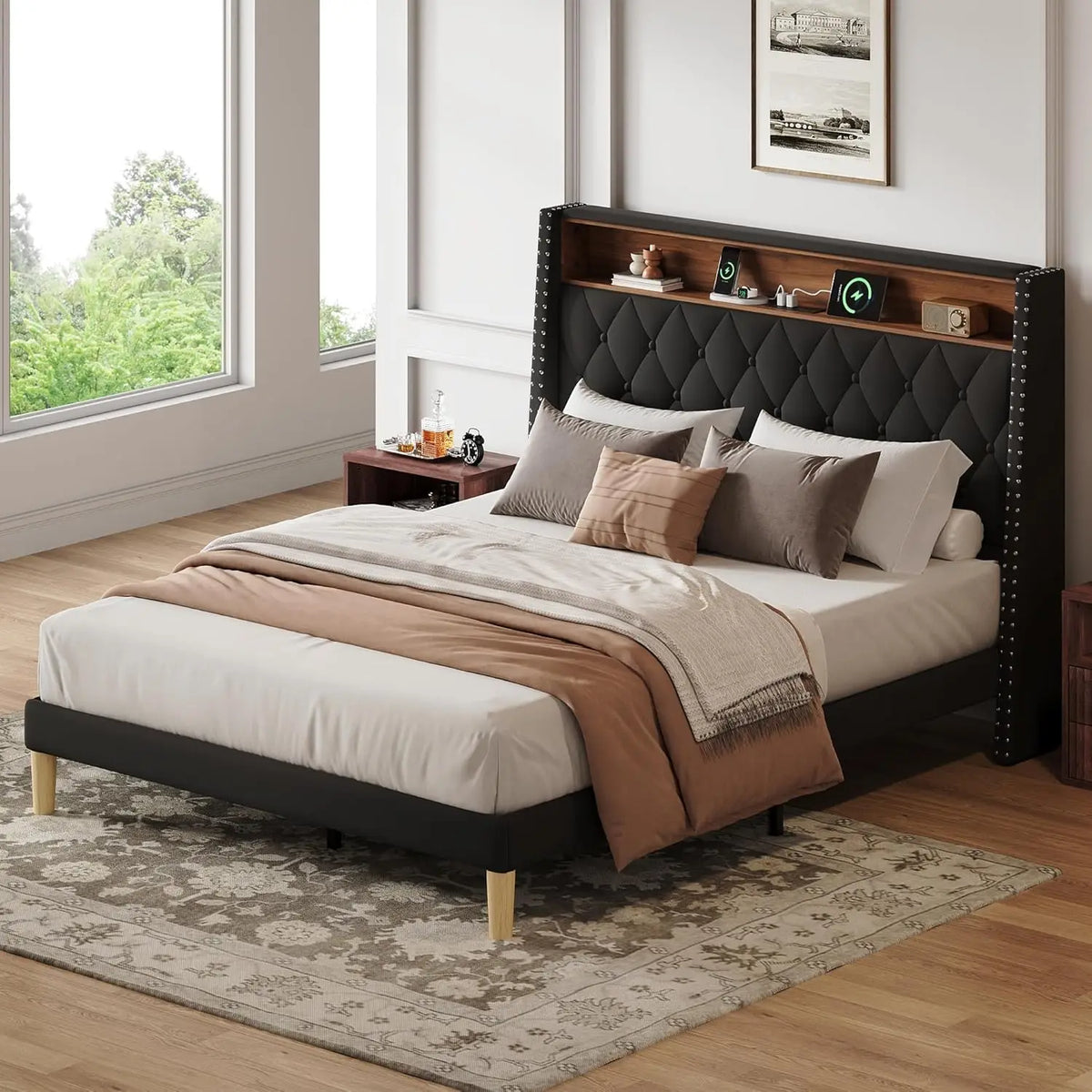 Upholstered Bed Frame with Tall Wingback Headboard, Velvet Square Tufted Platform Beds with Charging Station, Customized