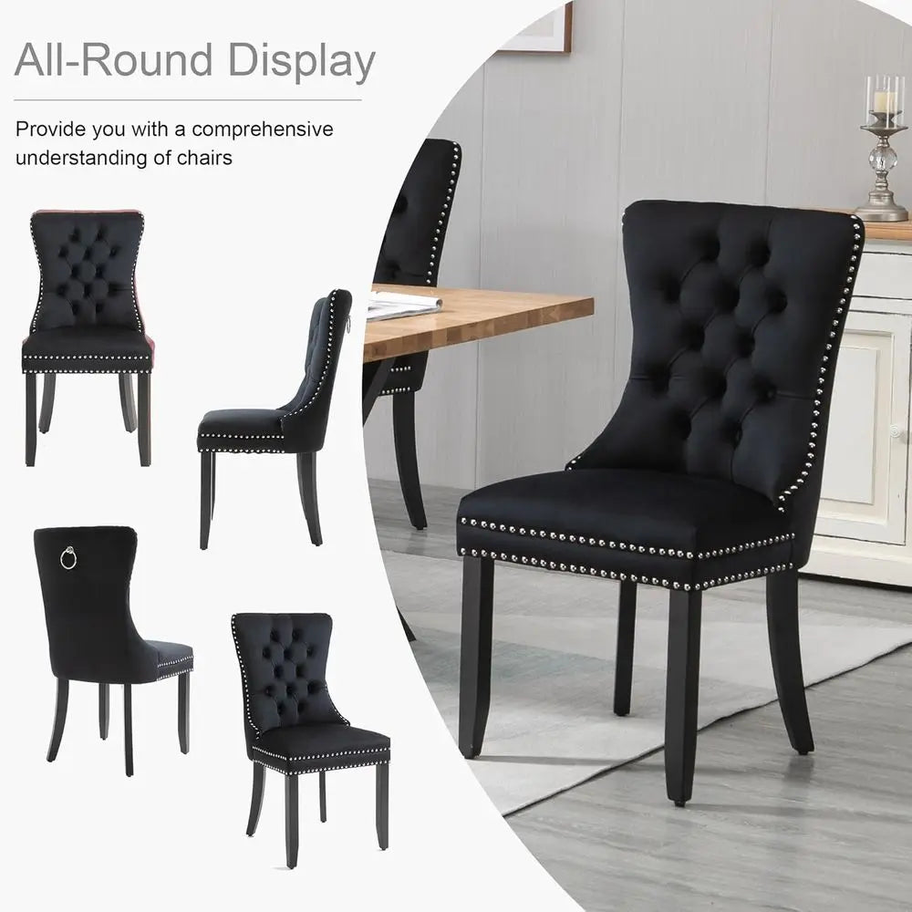 Luxury Velvet Upholstered Dining Chairs with Nailhead Trim and Ring Pull, Set of 2, Black