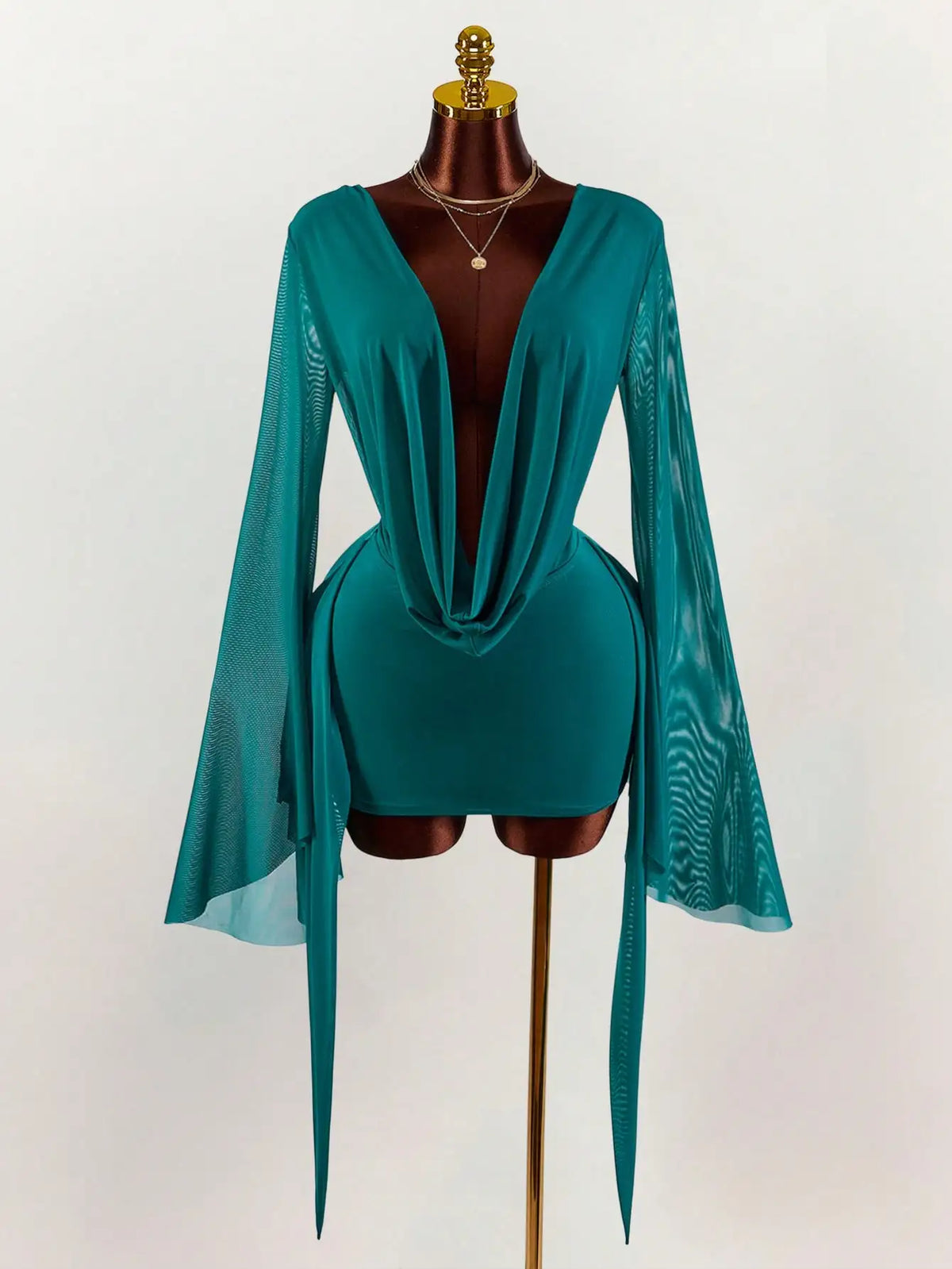 Romantic Vacation Low-Cut Draped Collar Flared Sleeve Bodycon Mini Dress