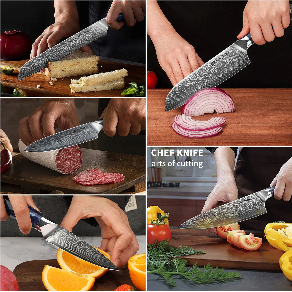 5PCS Kitchen Knife Set - Sharp Damascus Steel Knives with Resin Handle, Chef/Santoku/Bread/Paring/Utility Knife for Home Kitchen