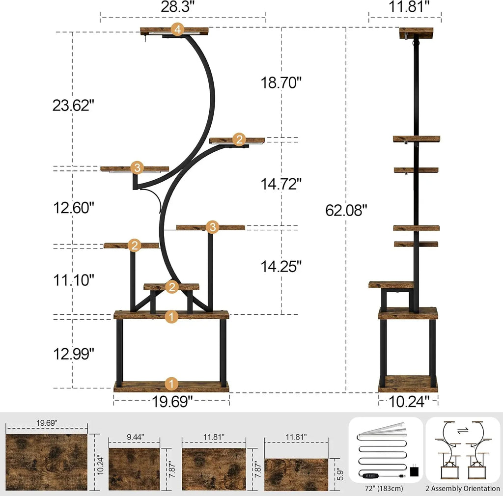 62" Tall Indoor Plant Stand with Grow Lights, 8-Tier S-Shaped Shelf for Living Room Decor, Brown