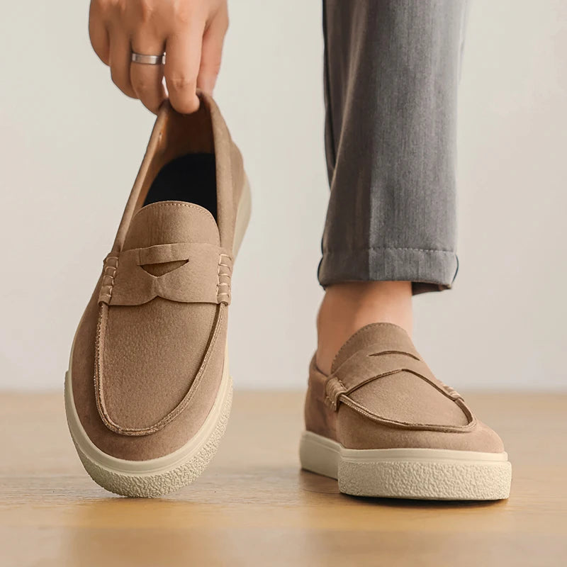 Men's Genuine Suede Moccasins: Black Round Toe, Decorative Flap, Stitching Accents, Brown Lining & Plush Comfort Fit