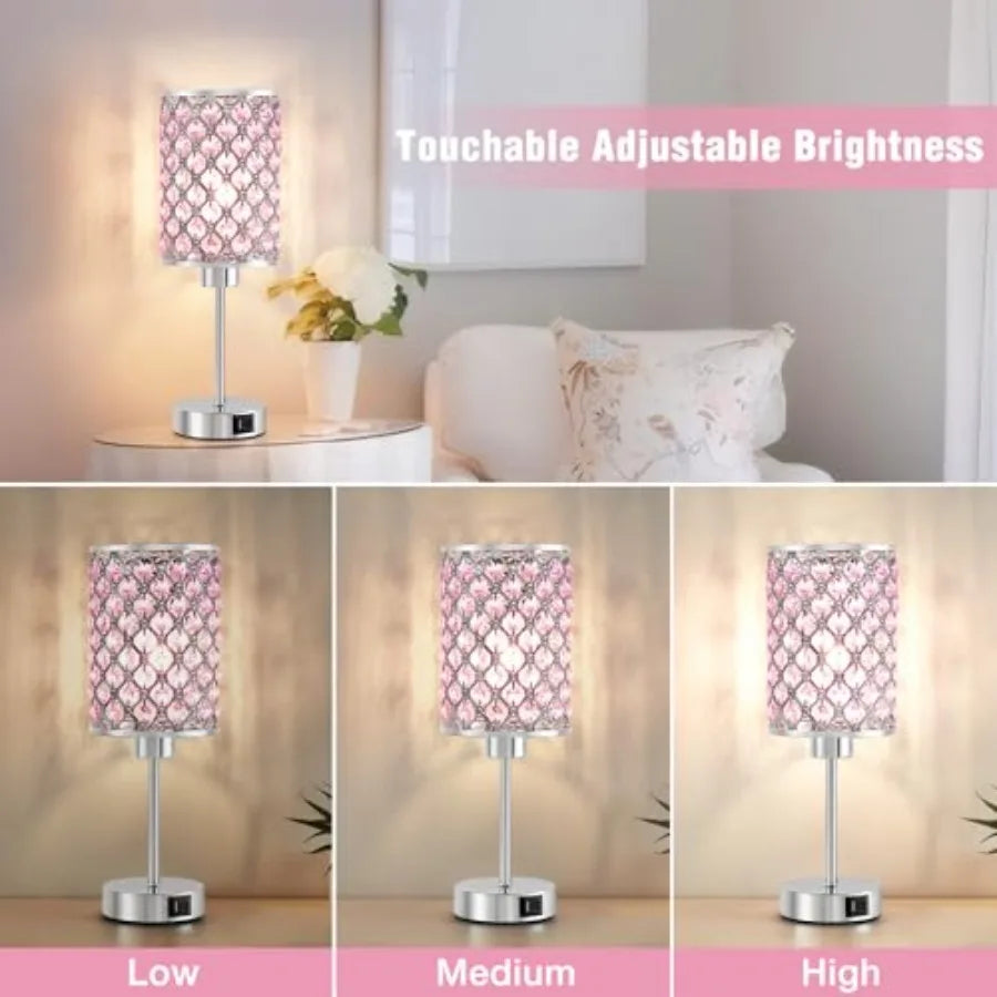 Crystal Table Lamp Touch Lamp with USB C+A Ports Dimmable Lamp with Crystal Shade Bedside Lamp Small Lamp for Girl Bedroom Livi