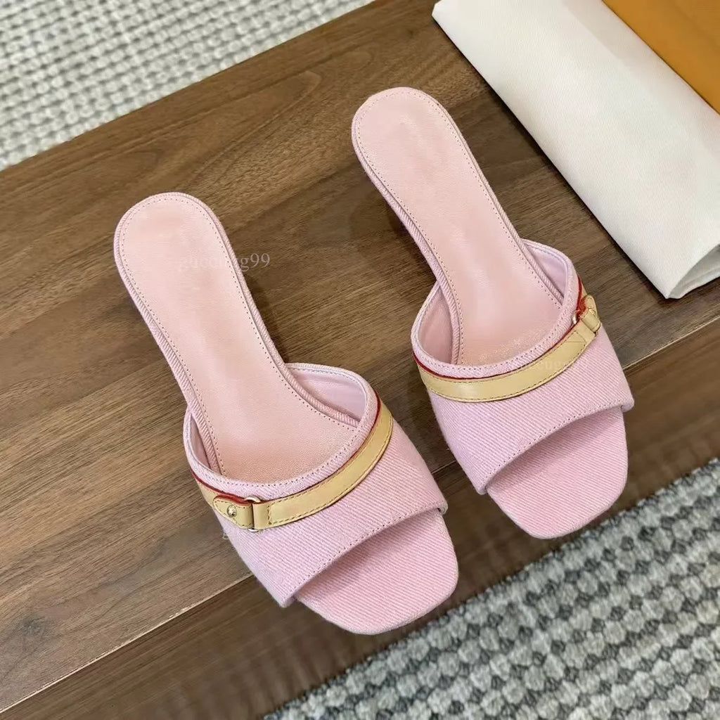 designer womens pink denim 3cm 6cm mules Signature Leather outsole models stiletto heel feminine style casual mule sandals