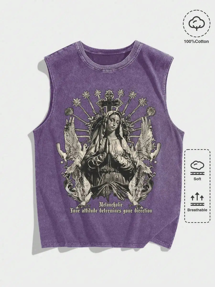 Men's Distressed Acid Wash Sleeveless Tank Top with Gothic Religious Graphic Print