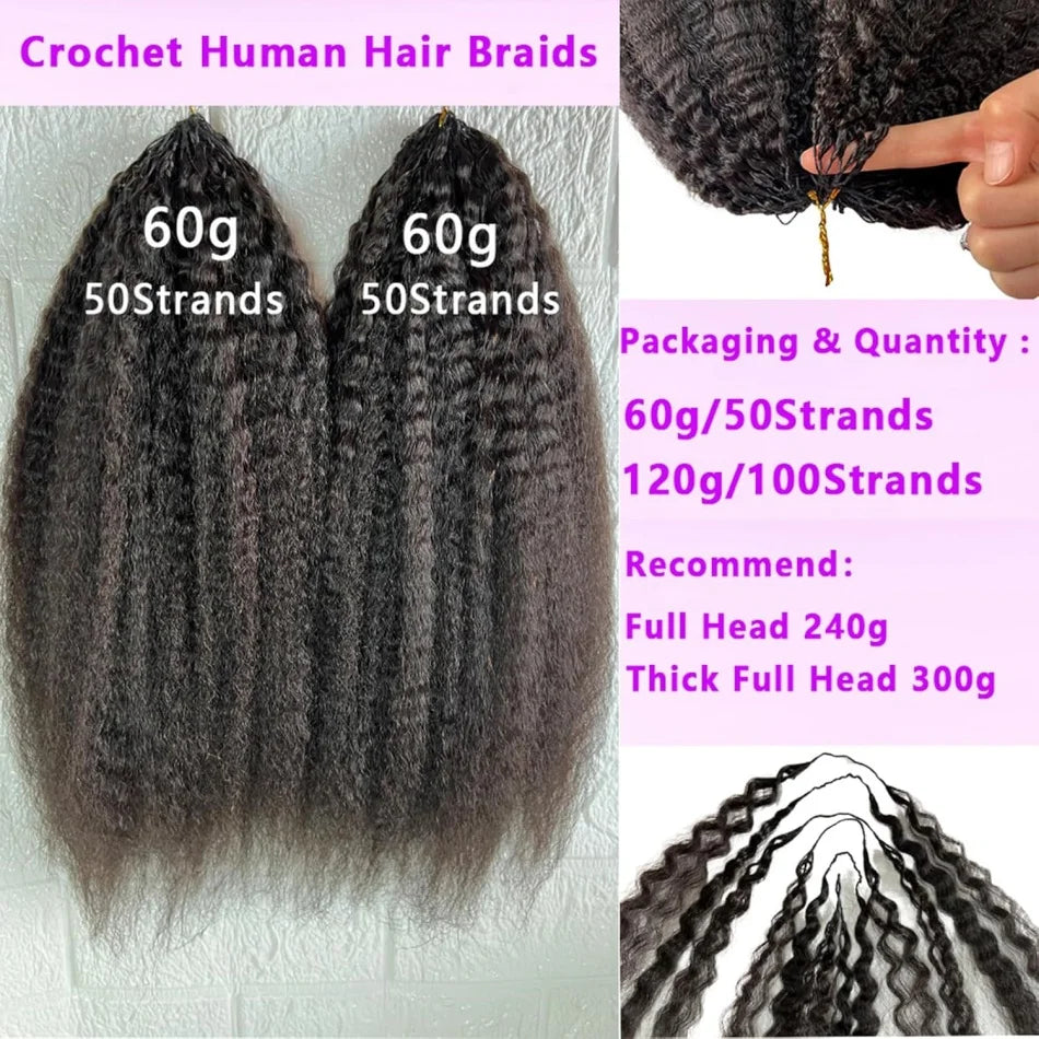 Kinky Straight Feather Crochet Human Hair Extension Wave Pre Separated Knotless Invisble Micro Loop Hair Extensions 60g/pack