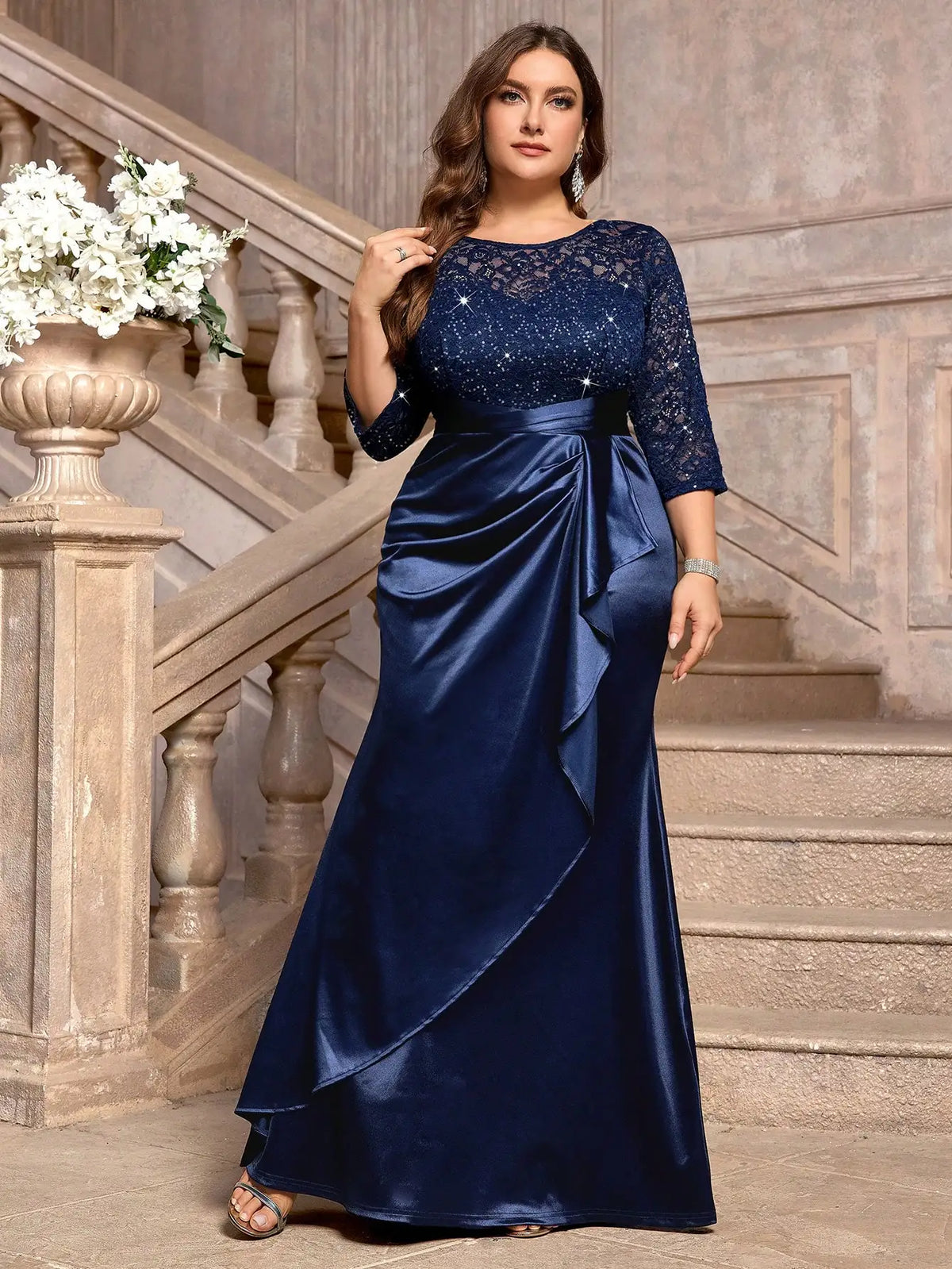 Sequin Floral Lace Ruffle Satin Maxi Dress For Evening Wedding Guest Gala