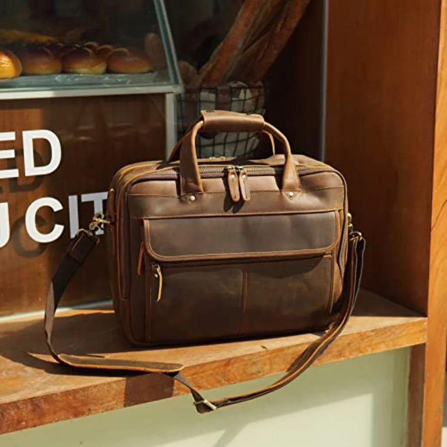Modern Attache Style 15.7 Full Grain Italian Leather Laptop Briefcase for Men in Brown with Premium Craftsmanship and Spacious