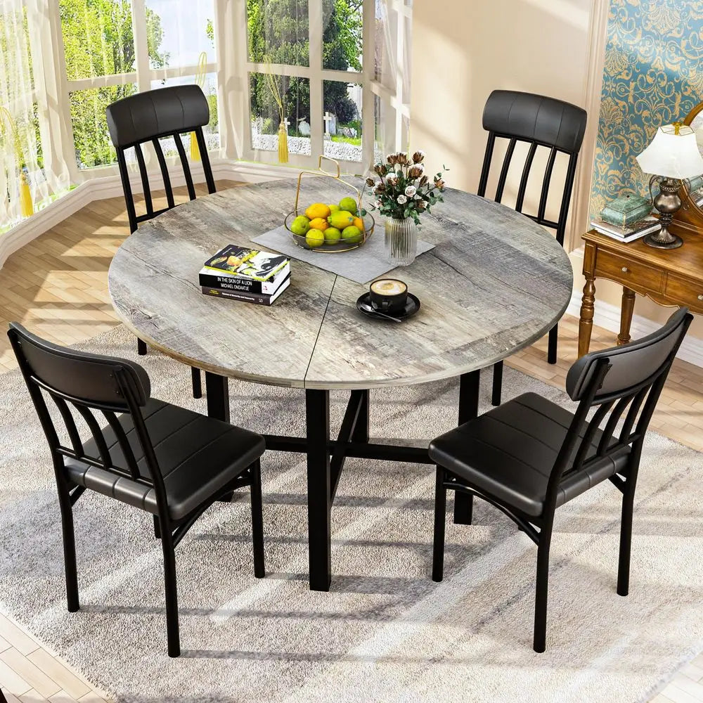 Round Dining Table Set for 4, Wood Circle Kitchen Table and Chairs Set for 4, Modern Dining Room Sets with 4 Faux Leather Chairs