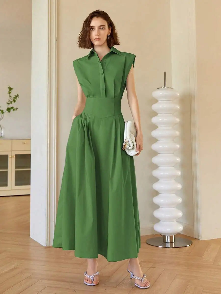 Women's Light Blue Sleeveless Collared Midi Dress, A-Line Fit, Elegant Business Casual Style