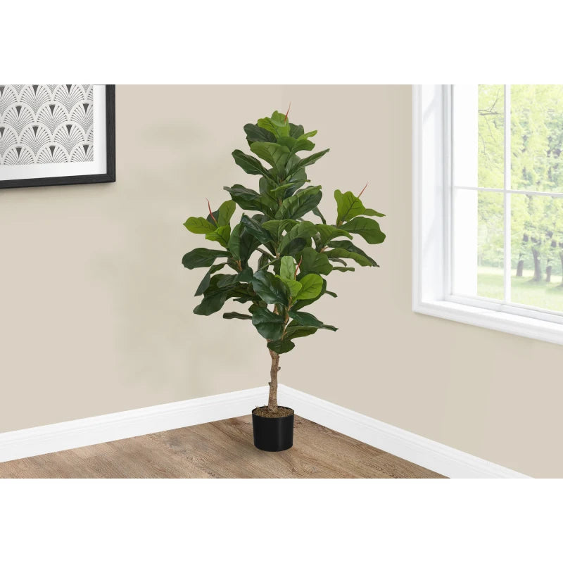 Artificial Plant, 47 Tall, Fiddle Tree, Indoor, Faux, Fake, Floor, Greenery, Potted, Real Touch, Decorative, Green Leaves, Black