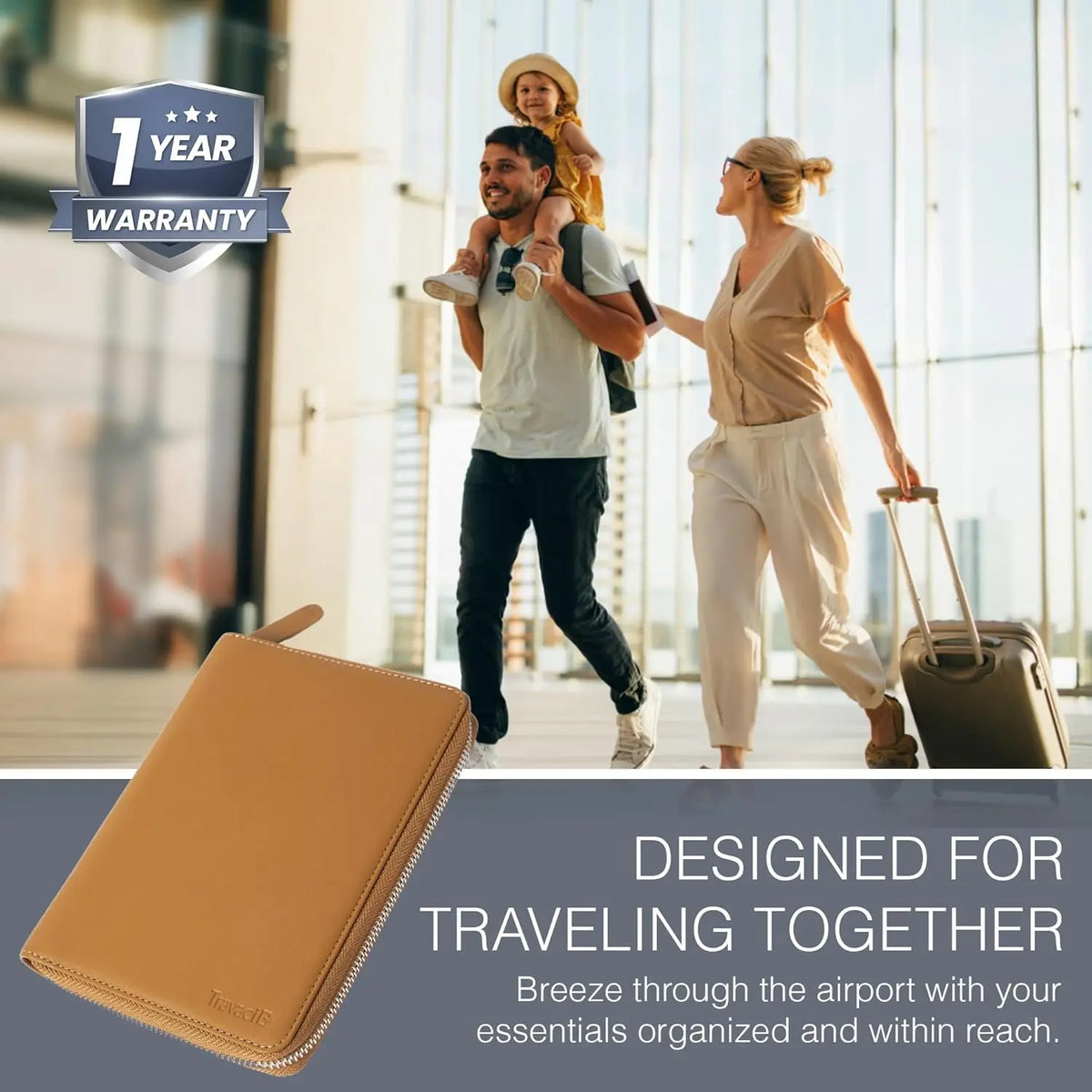Full Grain Leather Passport Holder for 4, RFID Blocking Travel Organizer - Family Wallet in Camel