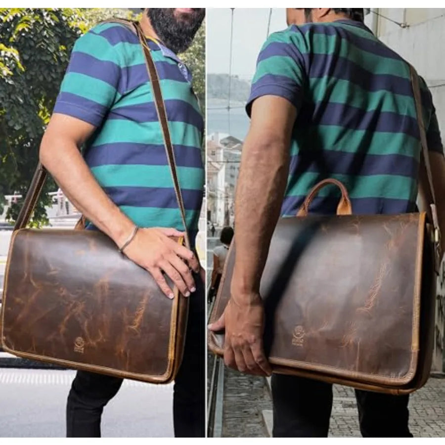 Leather Messenger Bag for Men 14" Leather Laptop Bag Vintage Crossbody Office Satchel Travel Shoulder Bag