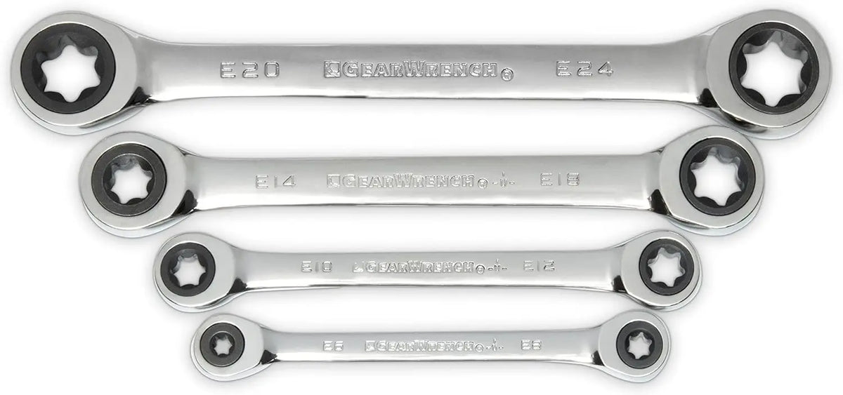 4-Piece Double Box Ratcheting E-Torx Wrench Set, 72-Tooth Design for Tight Spaces