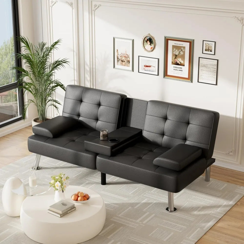 Adjustable Futon Couch Sleeper Sofa Bed with Cup Holders for Living Rooms and Offices, Ideal for Business Spaces and Comfortable