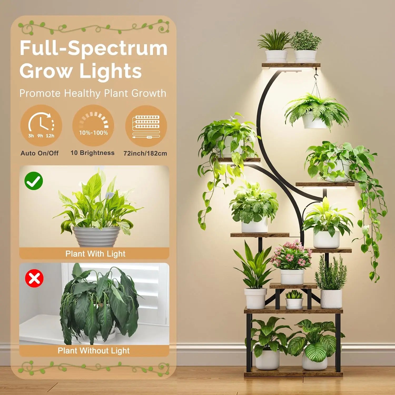 62" Tall Indoor Plant Stand with Grow Lights, 8-Tier S-Shaped Shelf for Living Room Decor, Brown