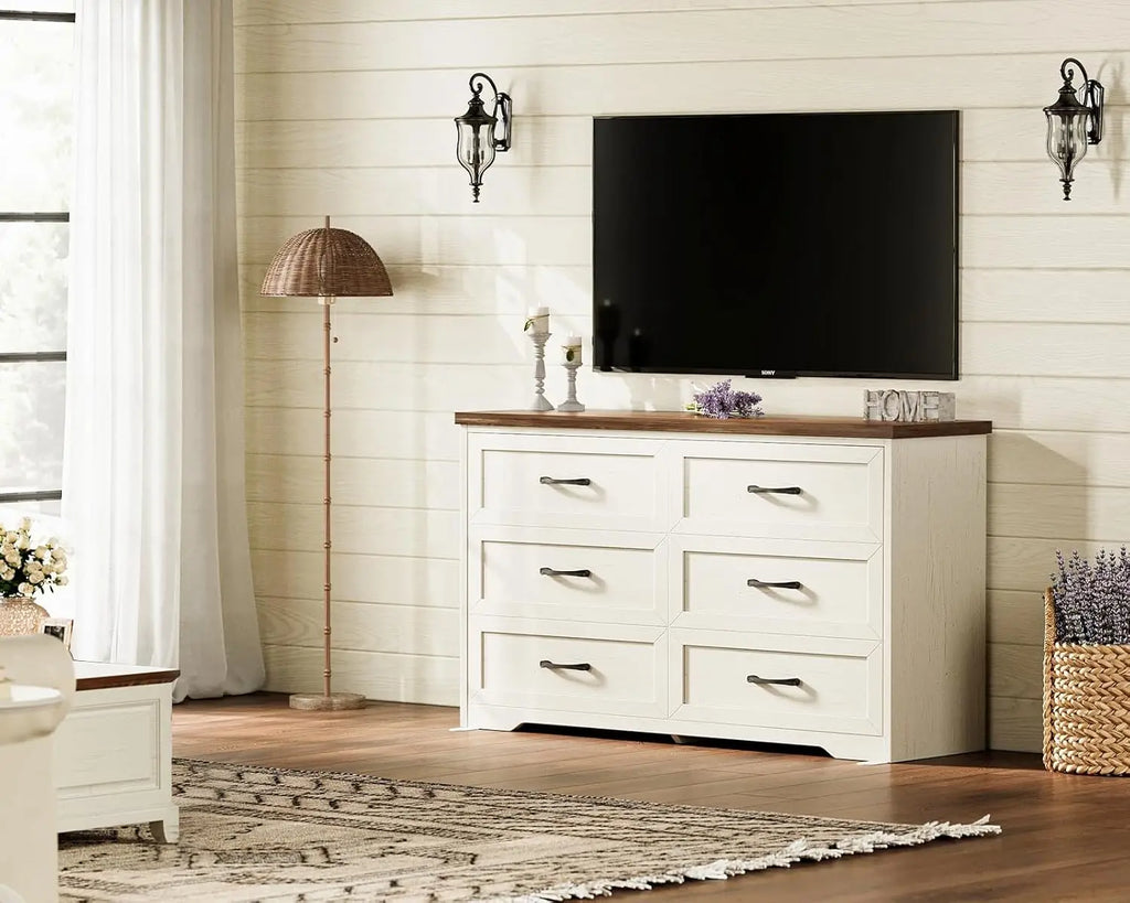 Farmhouse 6 Drawer Dresser for Bedroom, 47” Wide Rustic Storage Dresser with Engineered Wood Frame, Anti-Tip Safety, Customized