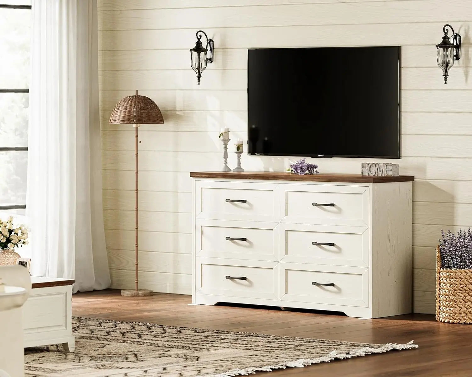 Farmhouse 6 Drawer Dresser for Bedroom, 47” Wide Rustic Storage Dresser with Engineered Wood Frame, Anti-Tip Safety, Customized